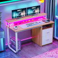 Dextrus 47 in Computer Desk with Storage Drawers & LED Light, Office Desk with Monitor Stand & Power Outlets, Work Study PC Desk for Small Spaces, Home Office, Oak